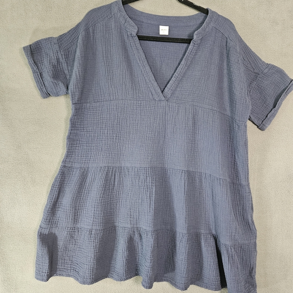 Albe Rita Womens Large Oversized Mini Dress Teir Vneck Blue Boho Gauze Crinkle